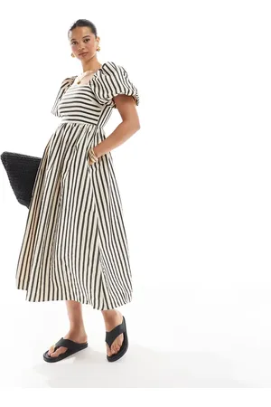 New Look Puff sleeve milkmaid midi dress in cream stripe