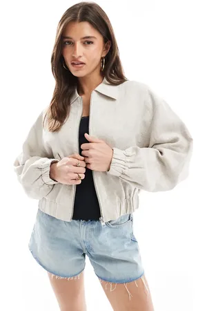 Pull&Bear Linen bomber jacket in ecru