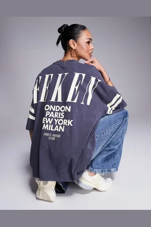 ASOS Weekend Collective Icon oversized short sleeve top with stacked back logo in washed grey and buttermilk