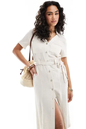 ONLY Linen mix tie waist shirt dress in cream