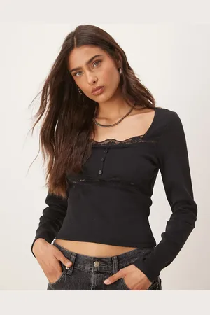 ASOS Ribbed long sleeve top with lace and button detail in
