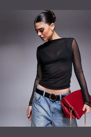ASOS Fitted high neck double layer mesh long sleeve top in