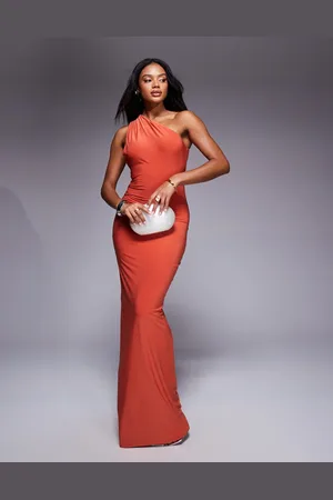 Fashionkilla Double sculpted slinky one shoulder open back metal shell detail maxi dress in