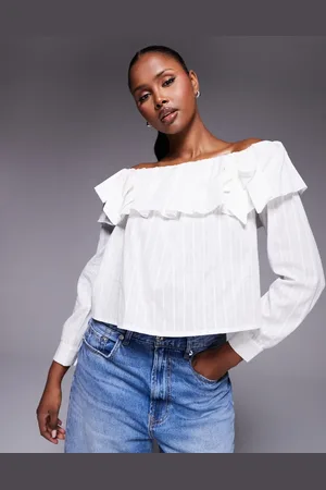 Kaiia Exclusive bardot ruffle foldover bow detail long sleeve top in textured stripe