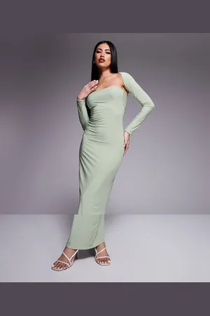 Kaiia Exclusive slinky bandeau maxi dress with long sleeve shrug in sage