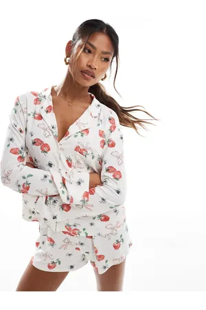 Kaiia Exclusive mix and match cropped long sleeve pj shirt co-ord in strawberry and bow print