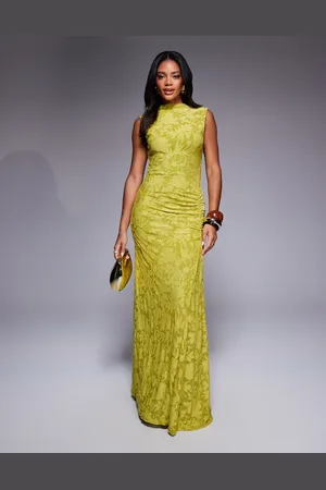 ASOS Sleeveless high neck devore maxi dress with ruched skirt detail in lime