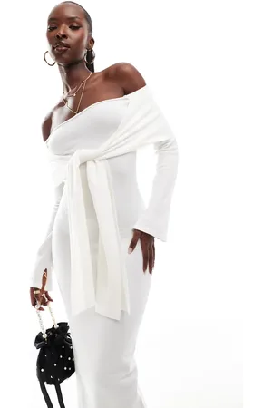Kaiia Exclusive tie front bardot knitted bodycon midaxi dress in cream