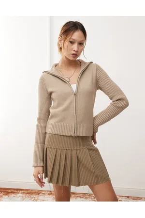 Weekday Winona high neck zip cardigan with folded cuffs in beige