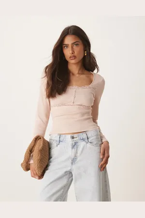 ASOS Ribbed long sleeve top with lace and button detail in