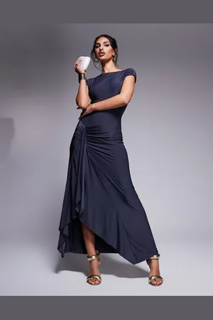 Kaiia Exclusive slinky cap sleeve side split drape detail maxi dress in charcoal