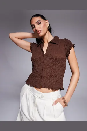 ASOS Textured button up short sleeve top in chocolate