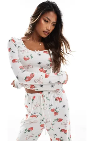 Kaiia Exclusive mix and match square neck long sleeve pj top co-ord in strawberry and bow print