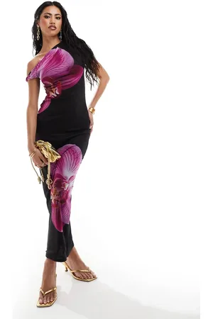 Kaiia Exclusive slinky one shoulder maxi dress with mesh overlayer in black and purple flower print