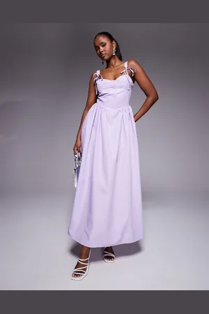Kaiia Exclusive poplin corset tie strap detail gathered skirt maxi dress in lilac