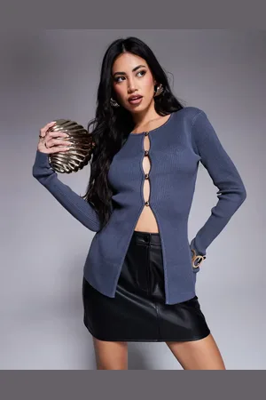 Kaiia Exclusive button through split front longline cardigan in charcoal