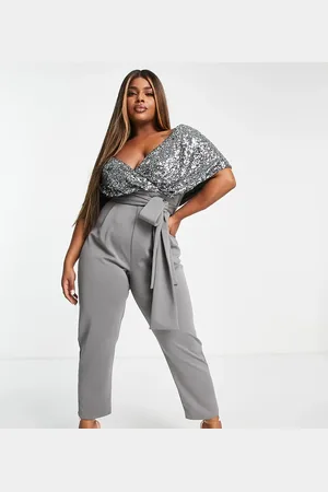 ASOS Curve 2 in 1 sequin fallen shoulder jumpsuit in pewter