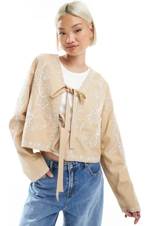 ASOS Embroidered bow front cropped jacket in stone