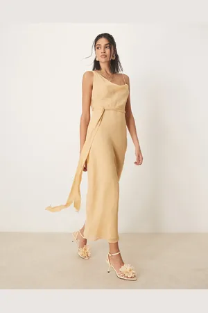 ASOS Asymmetric cowl neck slip midaxi dress with wrap around tie detail in sand
