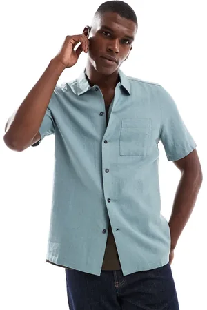 New Look Flat collar linen-blend shirt in teal blue