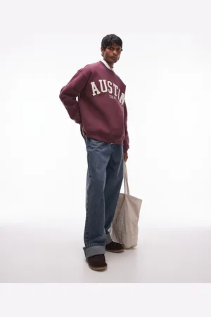 Topman Oversized fit sweatshirt with Austin chenille embroidery in burgundy