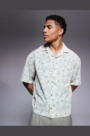 ASOS Boxy oversized revere linen look shirt with floral print in stone