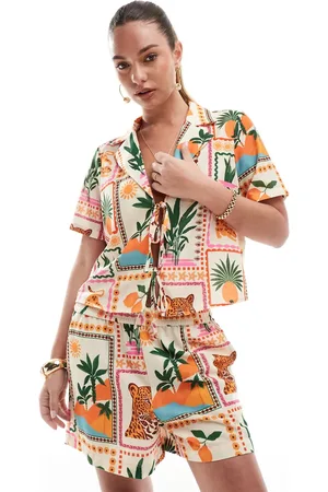 VERO MODA Boxy tie front shirt co-ord in tropical postcard print