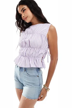 COLLUSION Poplin shirred tank top with tie side in lilac stripe