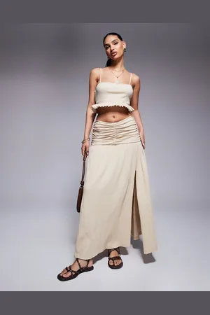 ASOS Crinkle drop waist maxi skirt in stone