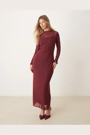 Abercrombie & Fitch Long sleeve rhinestone mesh midi dress in burgundy