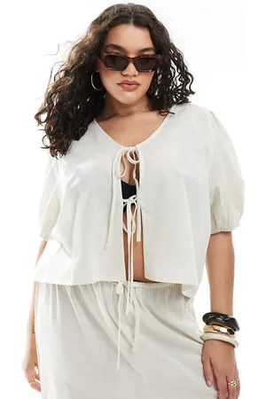 Esmée Exclusive tie front puff sleeve beach top in oat