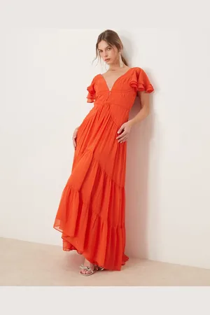ASOS Flutter sleeve ruched maxi dress with hi low hem in spicy