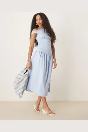 ASOS Slash neck fitted waist midi dress in baby