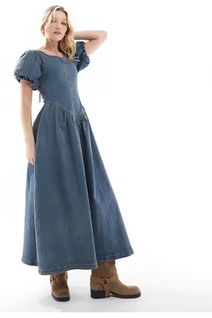 Daisy Street Drop waist maxi dress with puff sleeve in vintage wash denim