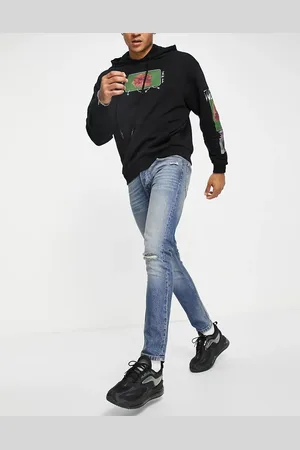 Topman Stretch skinny rip jeans in mid wash