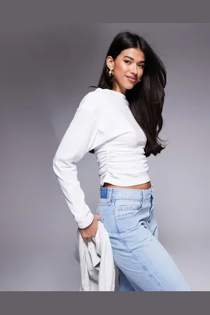 ASOS Off shoulder ruched side long sleeve top in ivory
