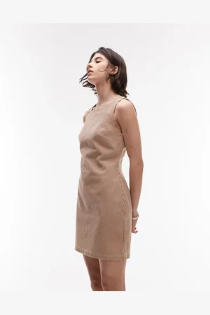 Topshop Denim square neck tailored dress in tan stripe
