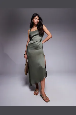 ASOS Twist strap satin gathered waist midi dress in olive