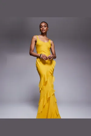 ASOS ASOS DESIGN Tall scoop neck maxi dress with ruffle skirt and cut out back in mustard
