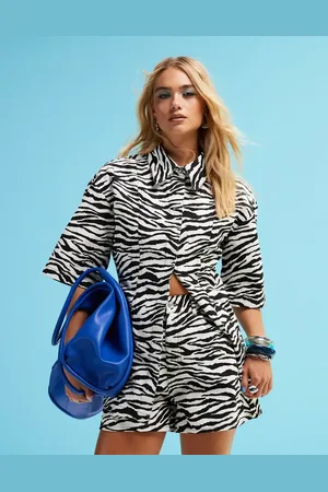 ASOS Denim short sleeve top with cinch waist in zebra print co-ord