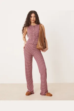 ASOS Knitted wide leg trouser co-ord in pink and burgundy stripe