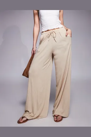 ASOS Crinkle tie waist wide leg trouser co ord in stone