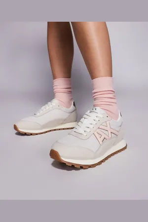 Armani Exchange Suede mix logo trainers in cream and pink
