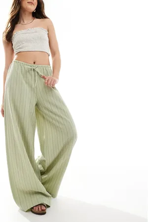 Stradivarius Linen look wide leg trouser in khaki stripe