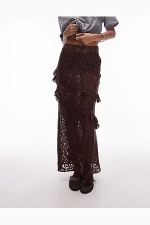 Topshop Sheer lace ruffle maxi skirt in burgundy