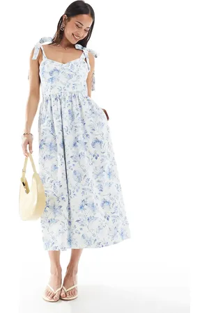 French Connection Tie shoulder midi dress in cream floral