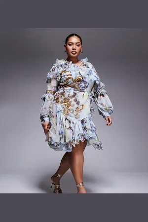 ASOS Curve organza and chiffon printed asymmetrical mini dress with embellishment in western floral