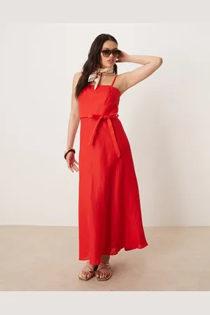 MANGO 100% linen square neck midi dress with belt detail in
