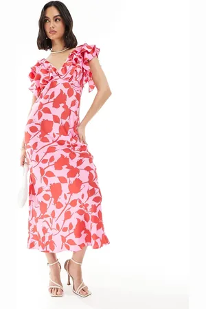 New Look Ruffle sleeve satin midi dress in pattern
