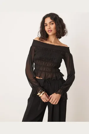 ASOS Bardot shirred long sleeve top in